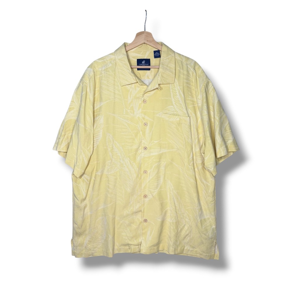 Caribbean Joe Men's XXL Silk Tropical Leaf Button Down Camp Shirt Short Sleeve